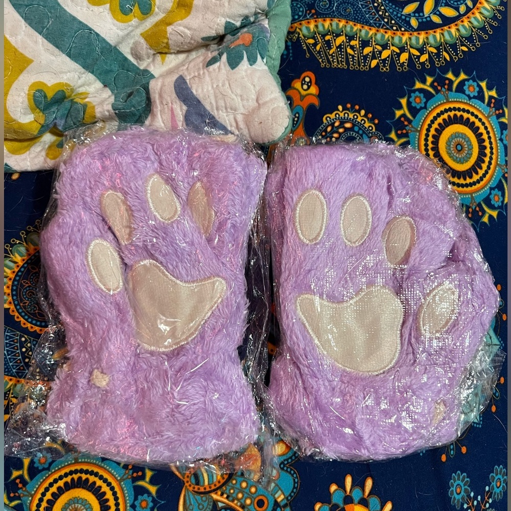 NEW purple fingerless cat gloves cool kitten mittens plush spring festival gift